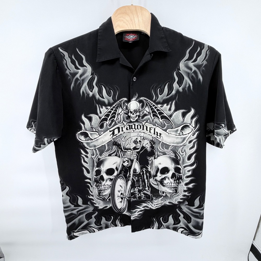 Dragonfly Roadhouse Shirt Mens XL Black Skulls Flames Motorcycle Biker Y2K Camp
